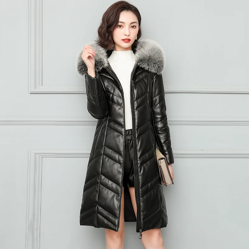 Женское зимнее пальто средней длины из натуральной кожи на утином пуху с