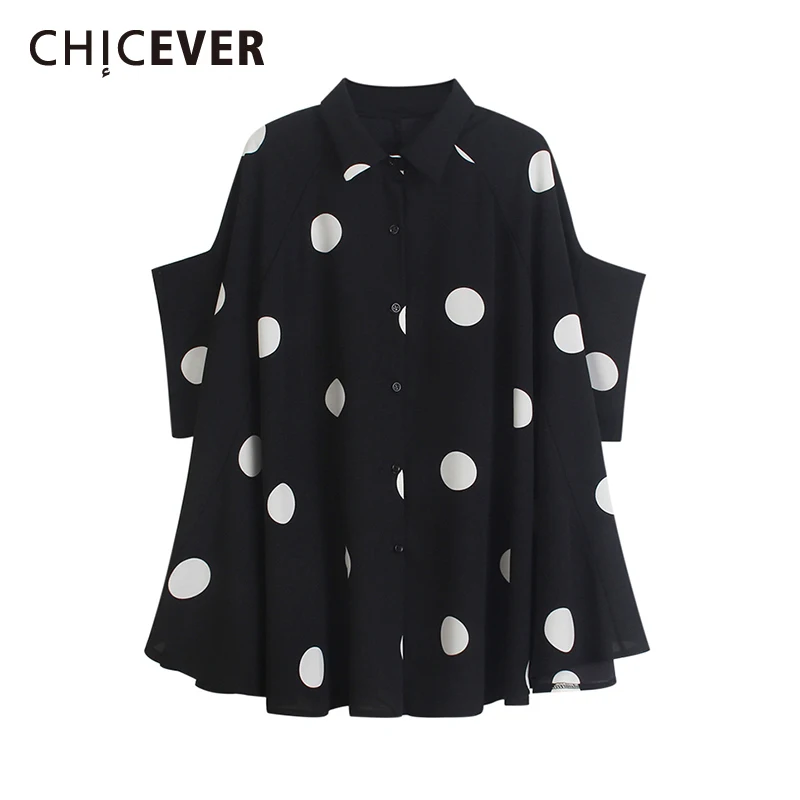 

CHICEVER Прямая рубашка в горошек для женщин воротник с лацканами короткий рукав хит цвет свободные блузки оверсайз Женская мода новая одежда ...