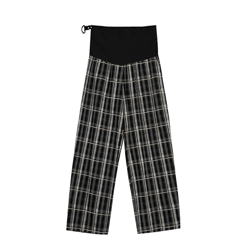 

567# Vintage Plaid Maternity Full Long Pants Adjustable Belly Straight Loose Clothes for Pregnant Women Spring Casual Pregnancy