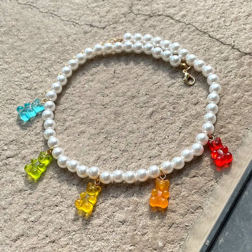 

Flatfoosie 2021 New Resin Gummy Bear Pendant Necklace For Women Girls Imitation Pearls Beaded Necklace Choker Trendy Jewelry