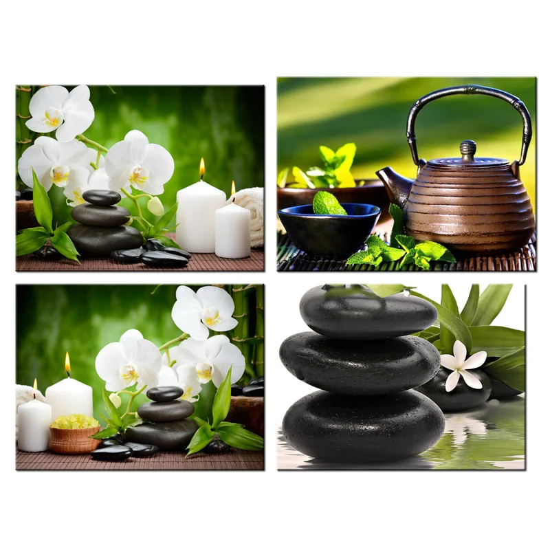 4 шт. Модульная картина цветы фаленопсиса черного камня и белые свечи орхидеи из