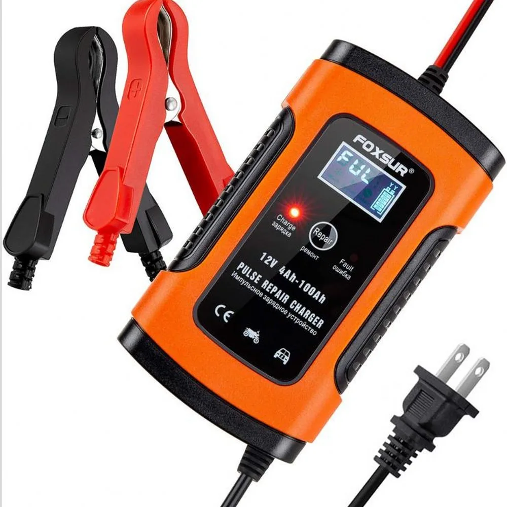 foxsur 12v automatic smart battery charger car motorcycle charger 12ah 36ah 45ah 60ah 100ah pulse repair charger lcd display free global shipping