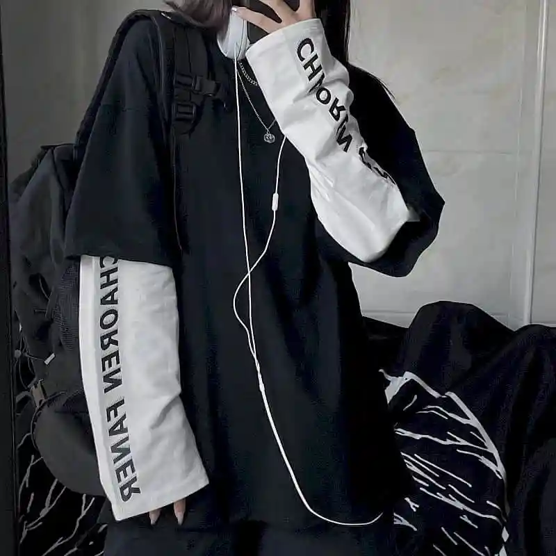 

Autumn Tshirt Couple T Shirt Women Long-sleeved T-shirt Female Korean Loose Harajuku Letter Printing Personality White Top