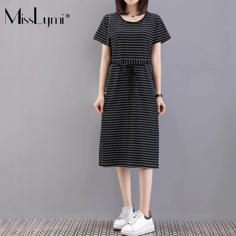 

MissLymi M-4XL Plus Size Women Stripe T shirt Dresses Summer 2021 Fashion Short Sleeve High Waist Drawstring Loose Tshirt Dress