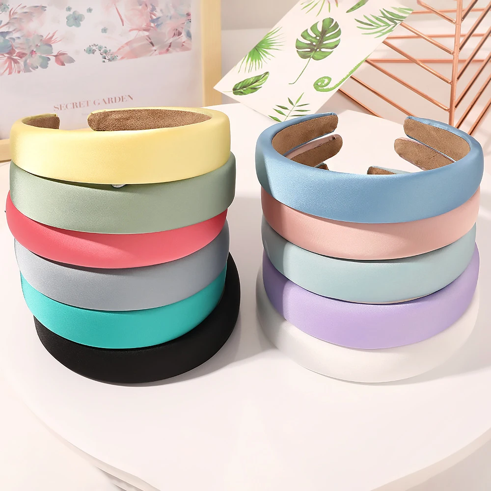 

2021 Solid Silk Padded Headband for Women Thick Sponge Hair Hoop Hairband Headband Hair Accessories