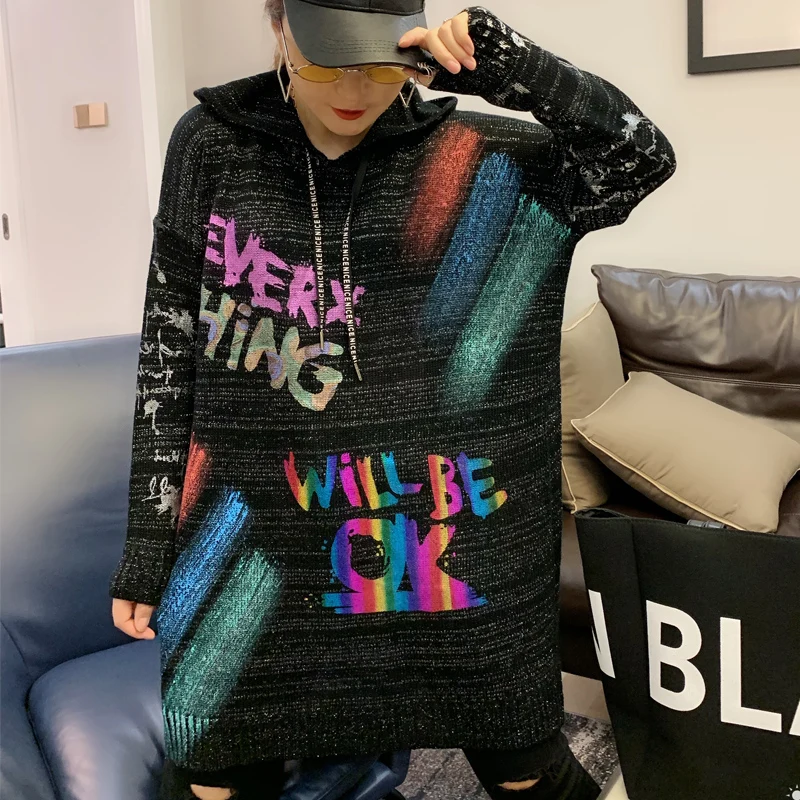 2019 Осень Новый черный золотой принт свитер большого размера женский длинный