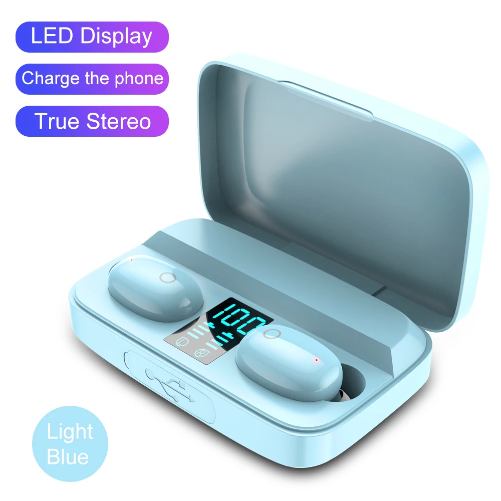 Light Blue AWI W2S беспроводные наушники Bluetooth 5,0 TWS гарнитура светодиодный дисплей с 1800 мАч Внешний аккумулятор Наушники Hi-Fi стерео спортивные наушники - Цвет: Light Blue
