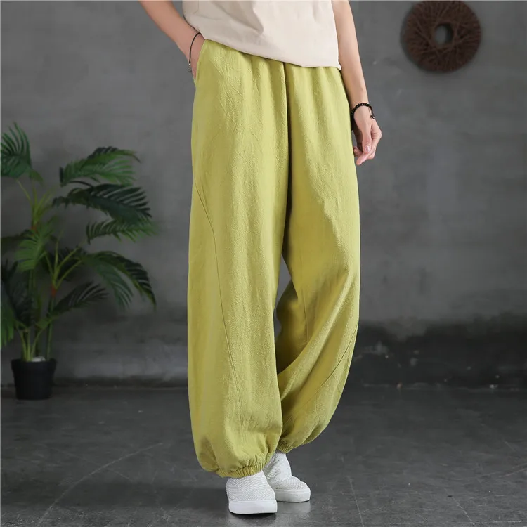 

Pa0021 Womens Casual Loose Solid Straight Trousers Fashion Harajuku Style New Elastic Waist Lantern Pants With Pockets