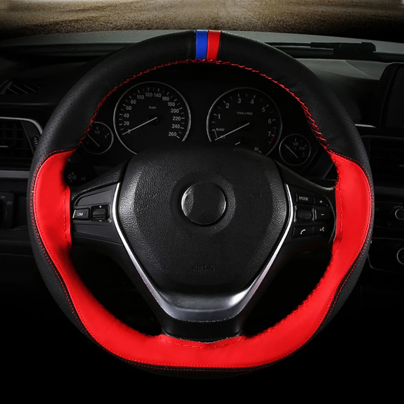 

Two-Color Sutured Microfiber Leather 38 cm Steering Wheel Cover Woven Breathable Universal Interior Accessories Set (Red Black)