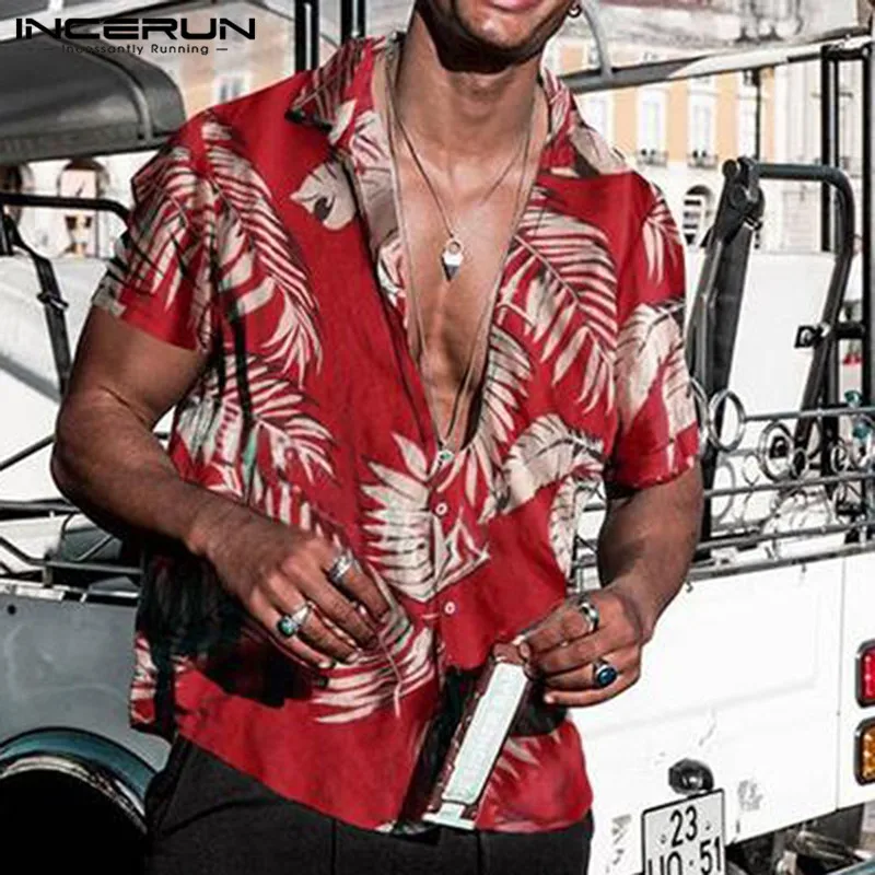 Camisas rojas hawaianas de verano para hombres, camisas tropicales florales, Tops informales, camisa de manga corta de algodón con botones, camisa suelta para vacaciones y playa