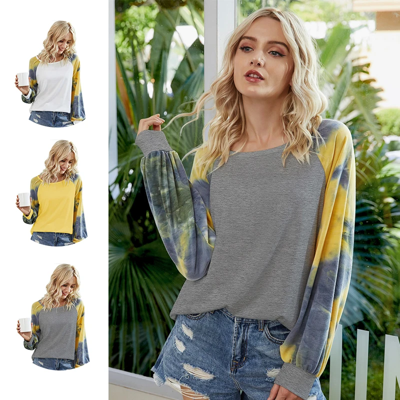 

2020 New Arrival Autumn Tie Dye Patchwork Tops O-Neck Long Sleeve Print T Shirts Causal Women T Shirt Loose Fashion Ladies