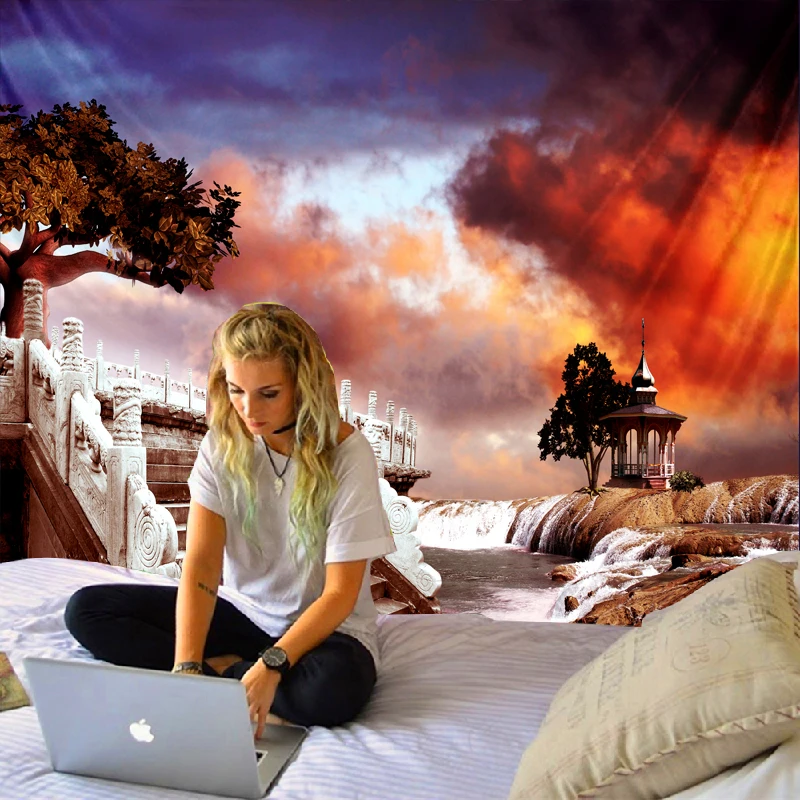 

Beautiful Fairy Tale Forest Story Background Tapestry Colorful Clouds Sunset Wall Canvas Life Home Carpet Necessities