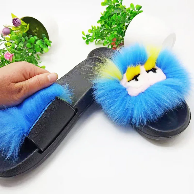 Женщины Монстр Мягкие тапочки Femmes из натурального Лисьего меха шлепанцы без