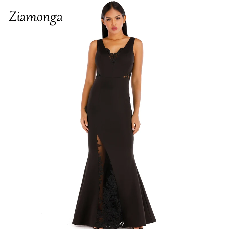 Ziamonga черный Белый Цвет кружевное платье с v-образной горловиной тонкий макси