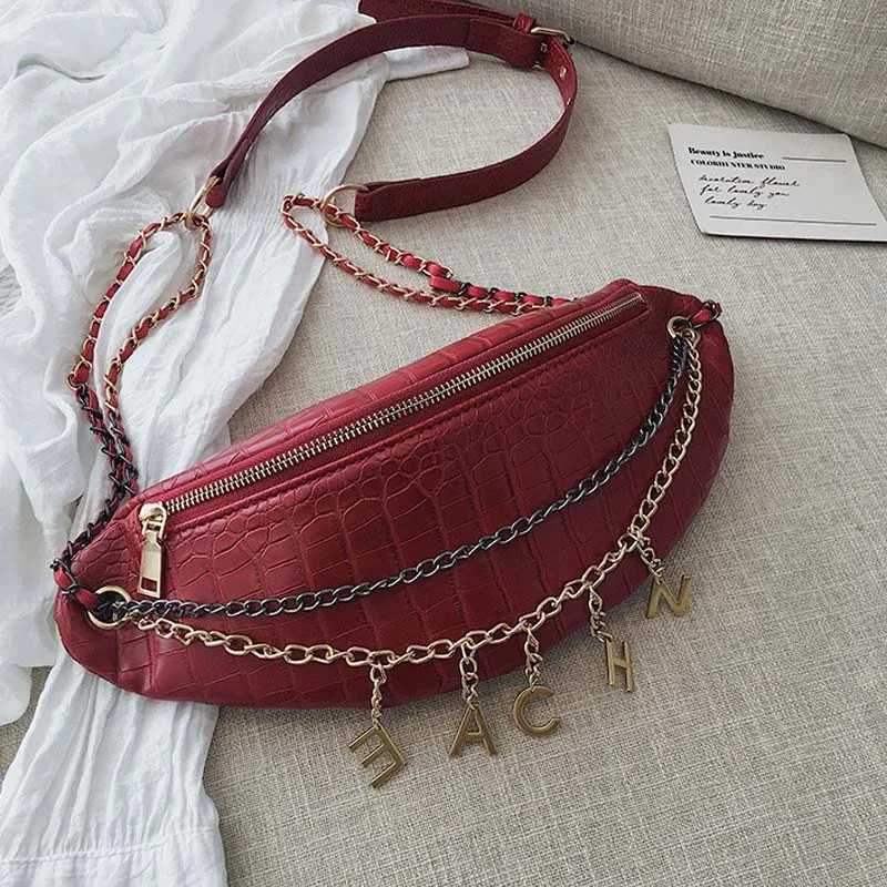 Red Waist Packs Крокодиловый узор PU поясные сумки для женщин Новая мода кисточкой нагрудная Сумка Женский Банан поясная сумка женская цепь сумки на плечо - Цвет: Red Waist Packs