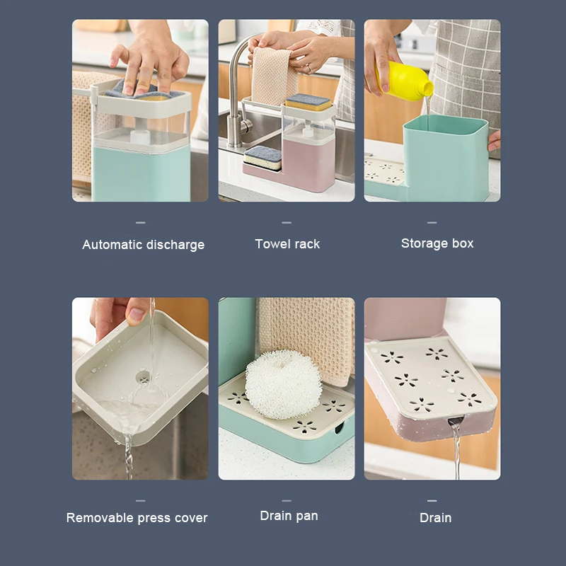 

4-in-1 Soap Dispenser for Cleaning Press to Pump Soap Combines Sponge Holder Towel Bar and Drain Rack Kitchen Organizer