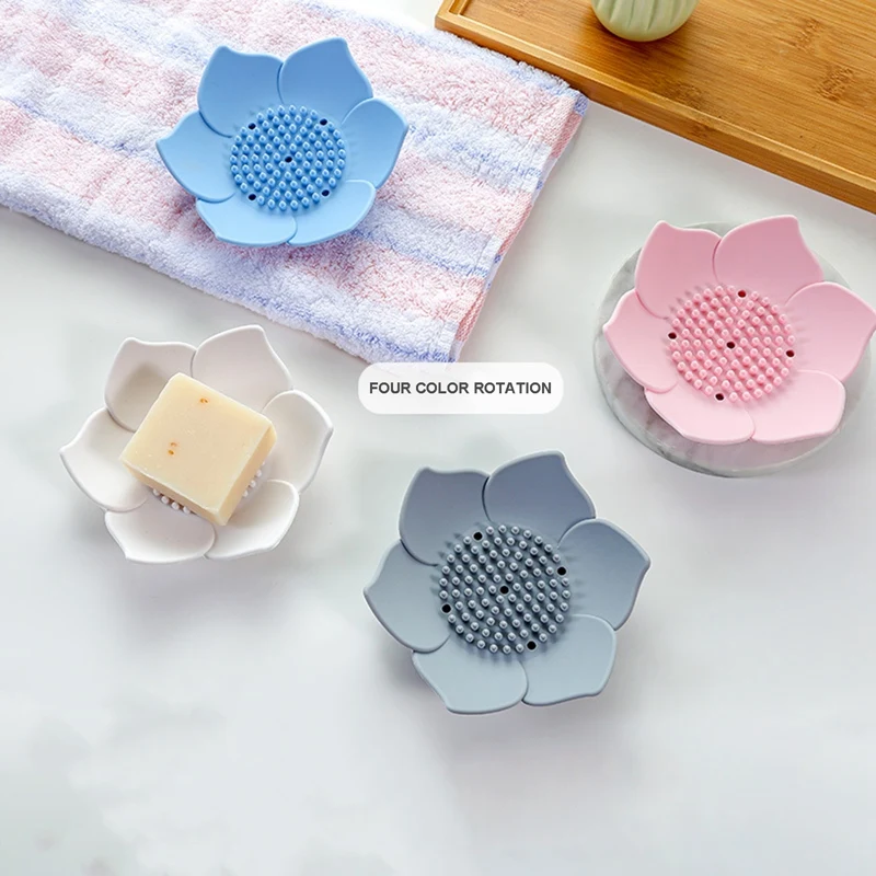 

Soap Dish Lotus Shape Non-slip Silicone For Water Draining Solid Color Draining Box Bathroom Accessories Supplies Container