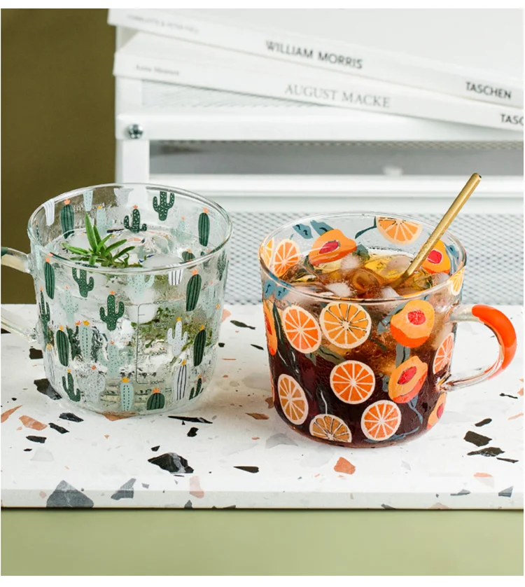 500 мл желтые персиковые кактусы стеклянные чашки для чая и молока со шкалой