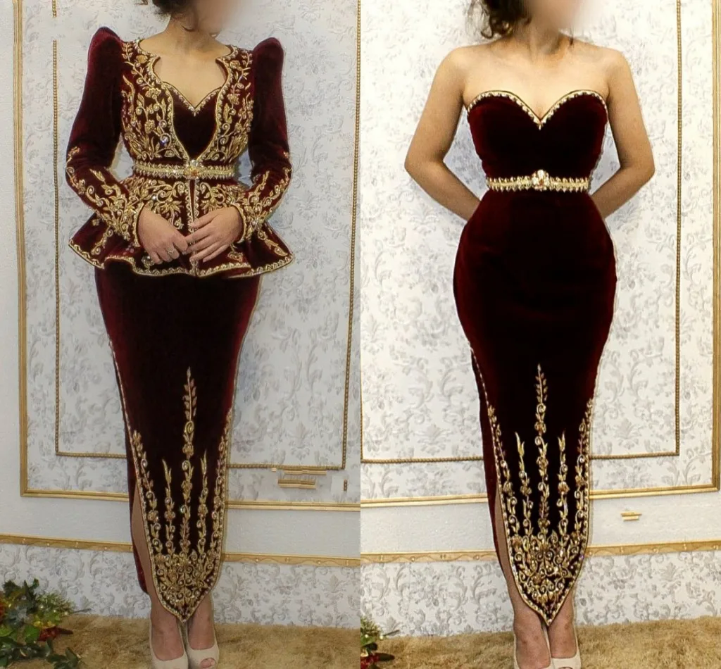 Karakou Algerian burgundy velvet evening dresses with long sleeve jacket gold embroidery lace Arabic Mermaid prom dress robes