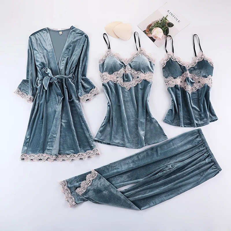 

Winter Velvet Pajamas Set For Women Soft Keep Warm Sexy Sleepwear PJs 4PCs Full Sleeve Strap Nightgown Bath Robe Lingerie Suit
