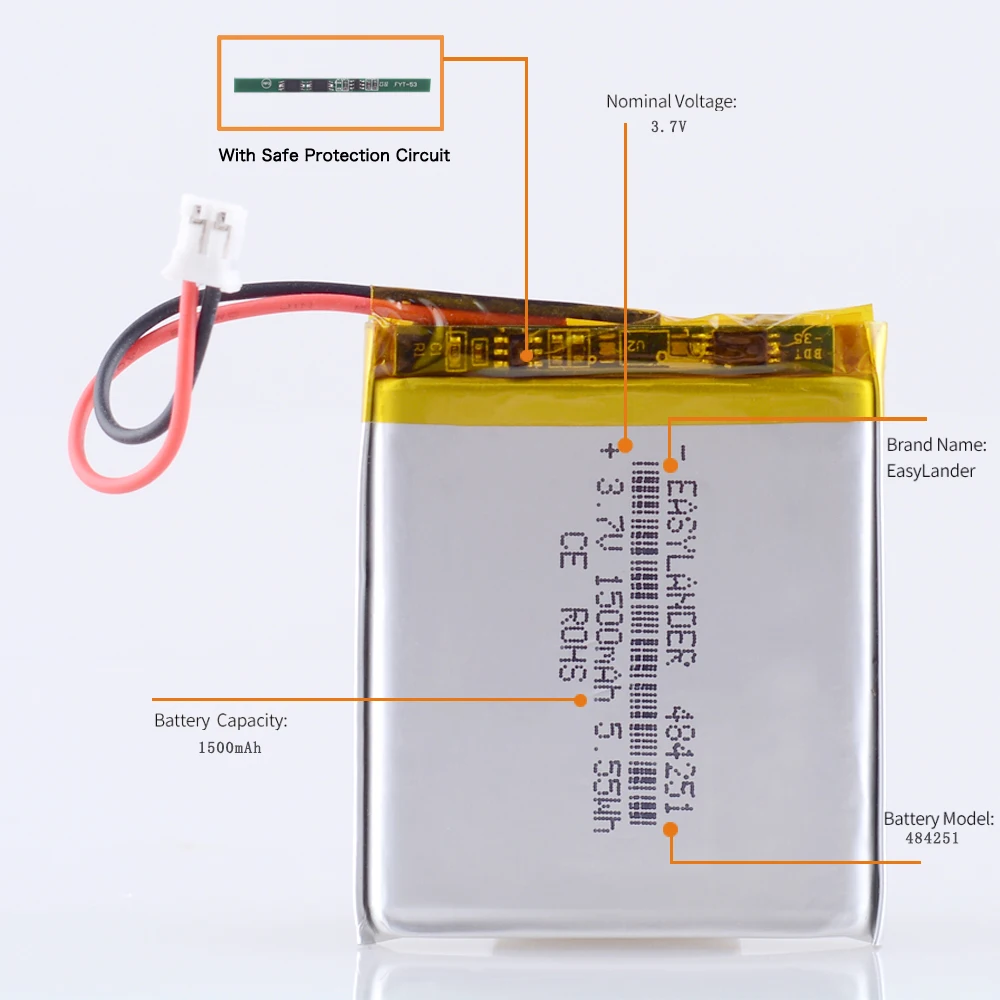 JST2.0 2P 484251 3 7 В 1500 мАч 504050 494251 Перезаряжаемая литий-ионная полимерная батарея