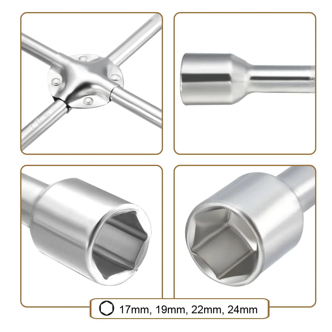 

uxcell Lug Wrench - 18-inch Universal 4-Way Cross Spanner with 17mm 19mm 22mm 24mm Standard Sockets for Car Tire Repair