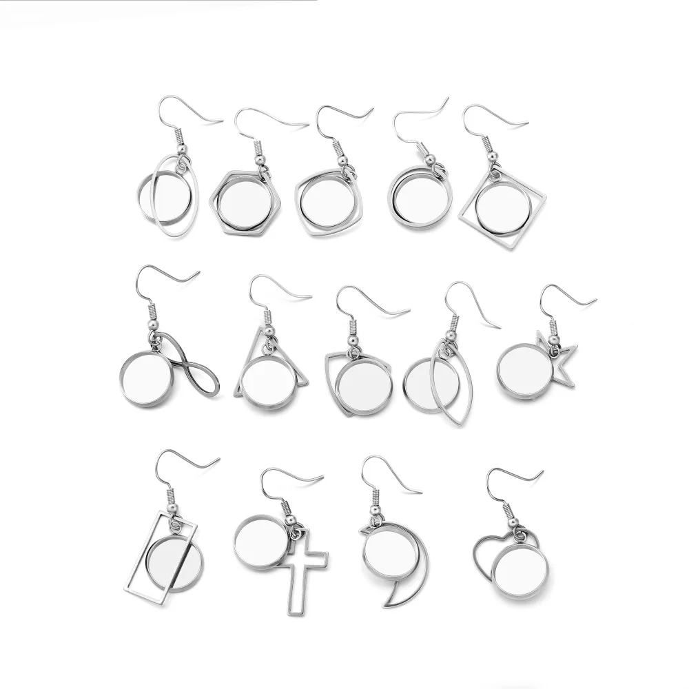 

20pcs 12mm Stainless Steel Geometric Bezel Charms With Tray Cabochon Earring Hook Base Blank Setting For DIY Jewelry Making