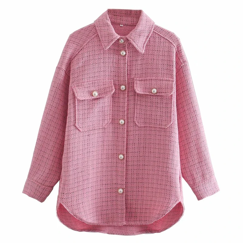 

Women Chic Loose Plaid Jacket Coat Pearl Decorate Vintage Outerwear Tops 2021 Batwing Long Sleeve Jackets With Pockets