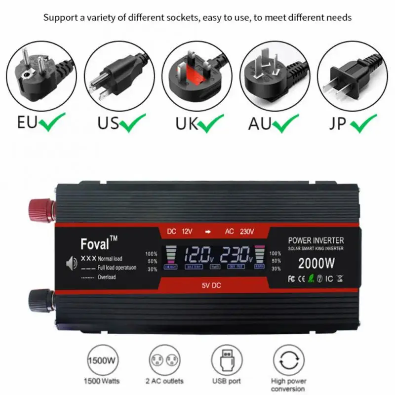 

Upgraded 1500W/2000W/2600W LCD Smart Home Car Inverter 12V/24V To 110V220V Power Converter US UK AU JP EU Socket dropship