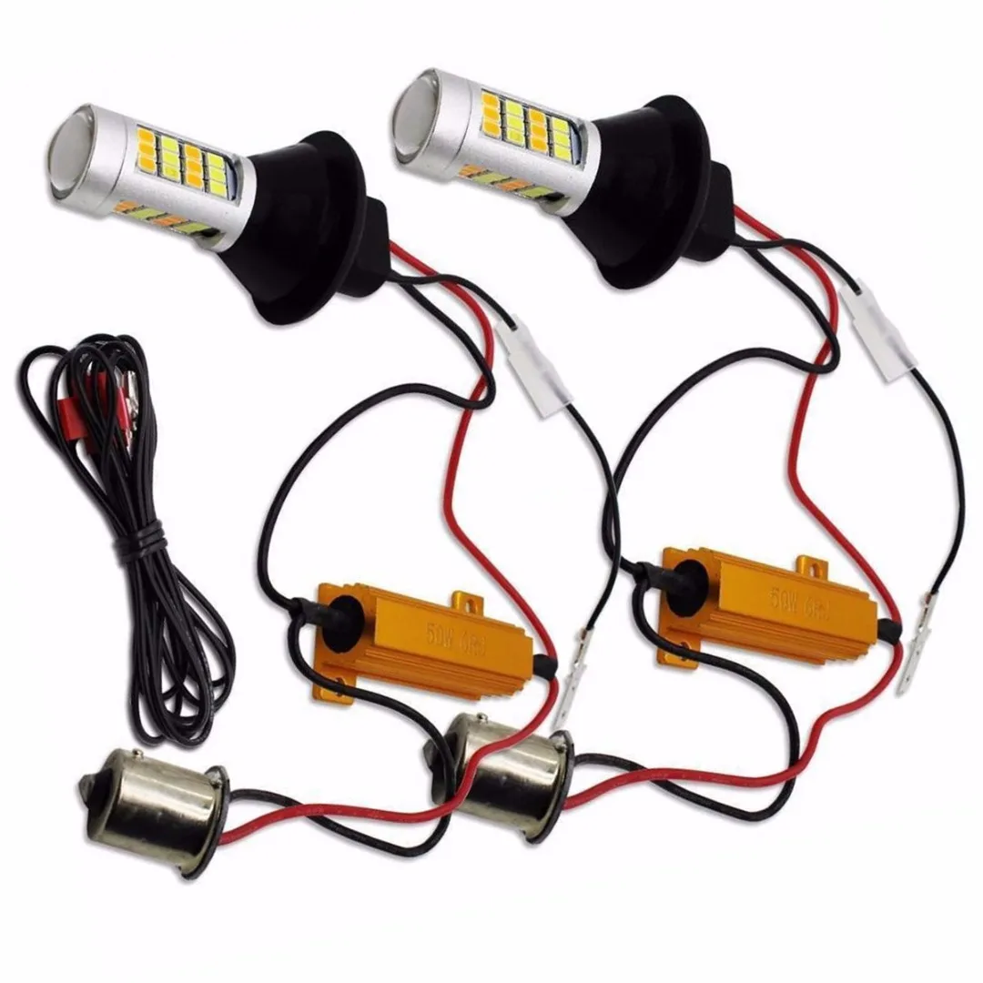 

For Car Lighting 2pcs 1156 High Power Dual Color Switchback LED Bulb P21W S25 BA15S 2835 42LED Daytime Running Turn Signal Lamp