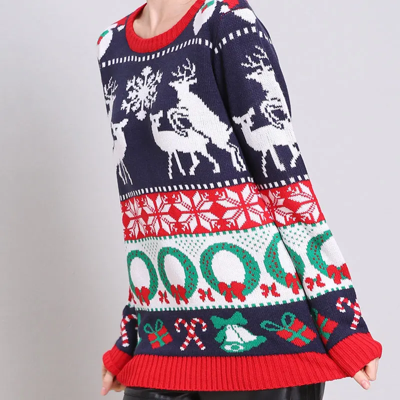 Рождественский Свитер Пушистый Лонгслив Женский Вязаный Оленями Зима Круглым