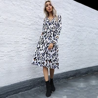 2021 casual women leopard print dress mid waist long sleeve flared sleeves v neck a line ladies holiday party dress