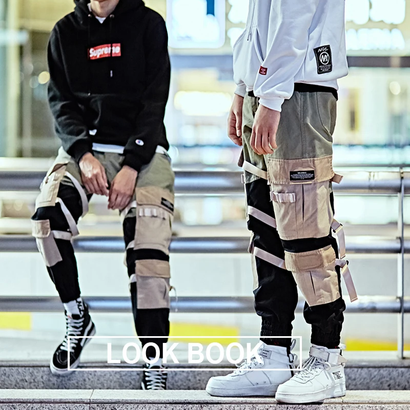 Модные мужские повседневные штаны 2018 штаны-шаровары лоскутные с лентами