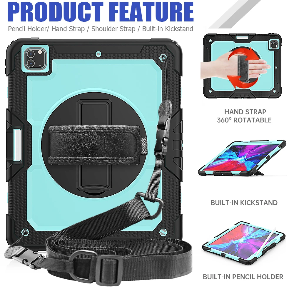 

Tablet Case for ipad Pro 12.9 case 2020 with 360 Rotate Kickstand Neck Strap shockproof Protective Cover for ipad pro 11 2020