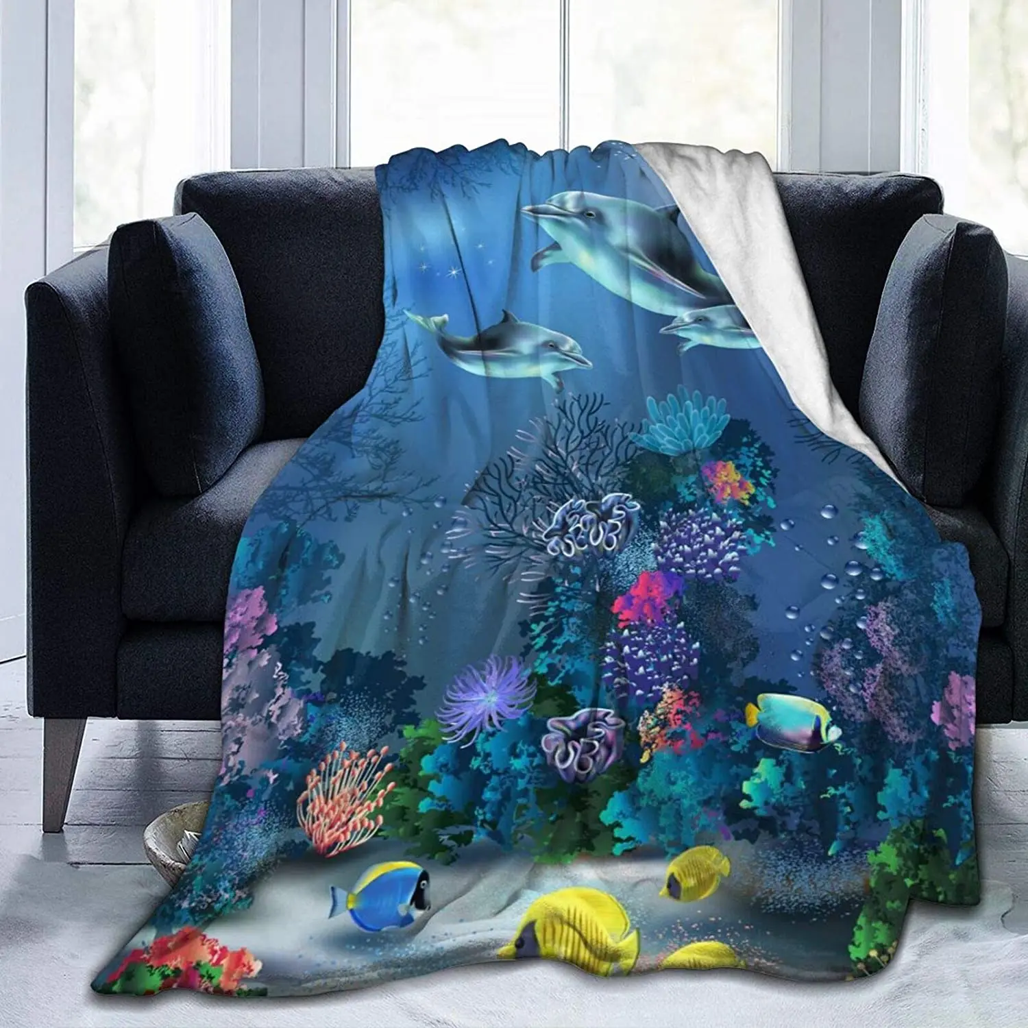 

Sea Tropical Fish and Dolphins Soft Throw Blanket All Season Microplush Warm Blankets Lightweight Tufted Fuzzy Flannel Fleece