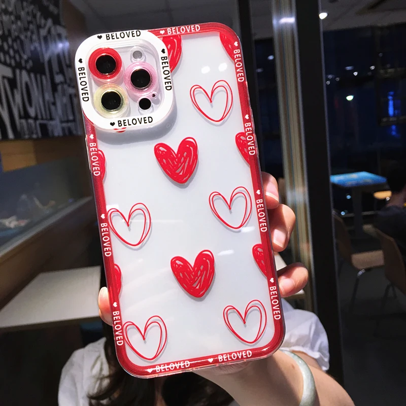 Cute Graffiti Love Heart Clear Phone Case For iPhone 14 Pro Max 13 12 11 X XS XR 7 8 Plus Fashion Transparent Shockproof Cover