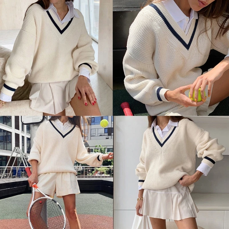 

Women Preppy Style Striped V-Neck Sweater Knitted Long Sleeve Loose Jumper Top