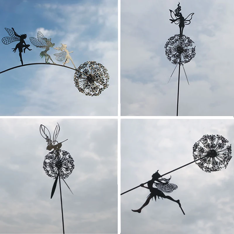

Fairy And Dandelion Dance Together Sculpture Outdoor Garden Decoration 2D Metal Yard Courtyard Art Decor Lawn Landscape Statue