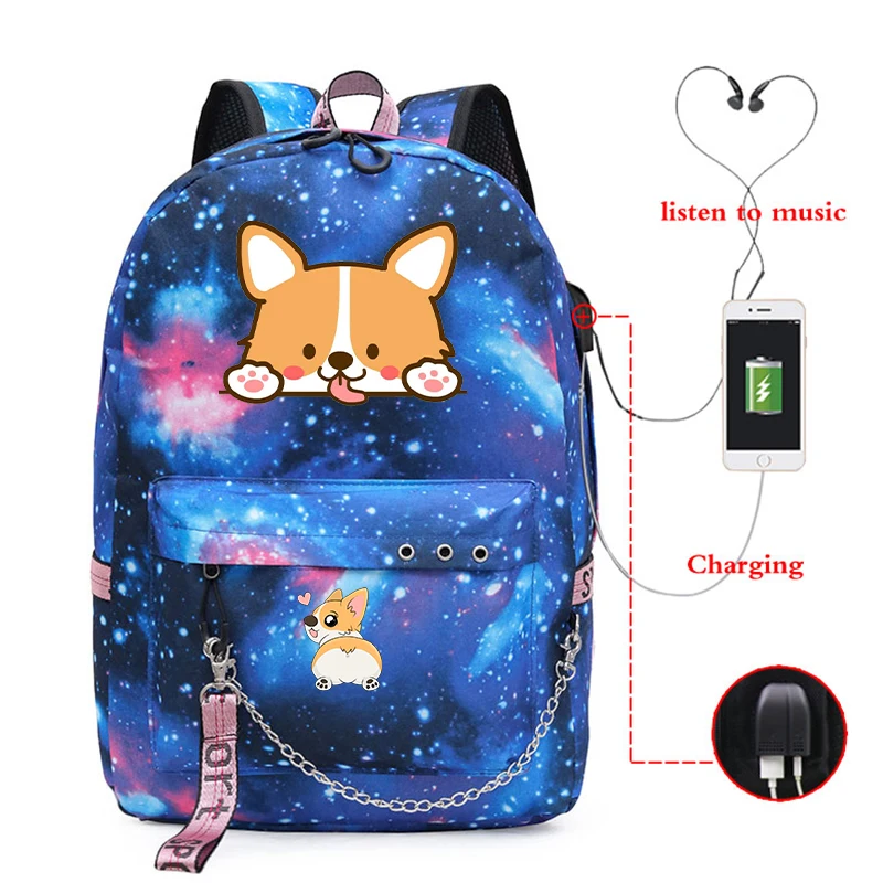 Рюкзак Corgi Dog с USB-разъемом школьные сумки для книг милыми животными дорожные