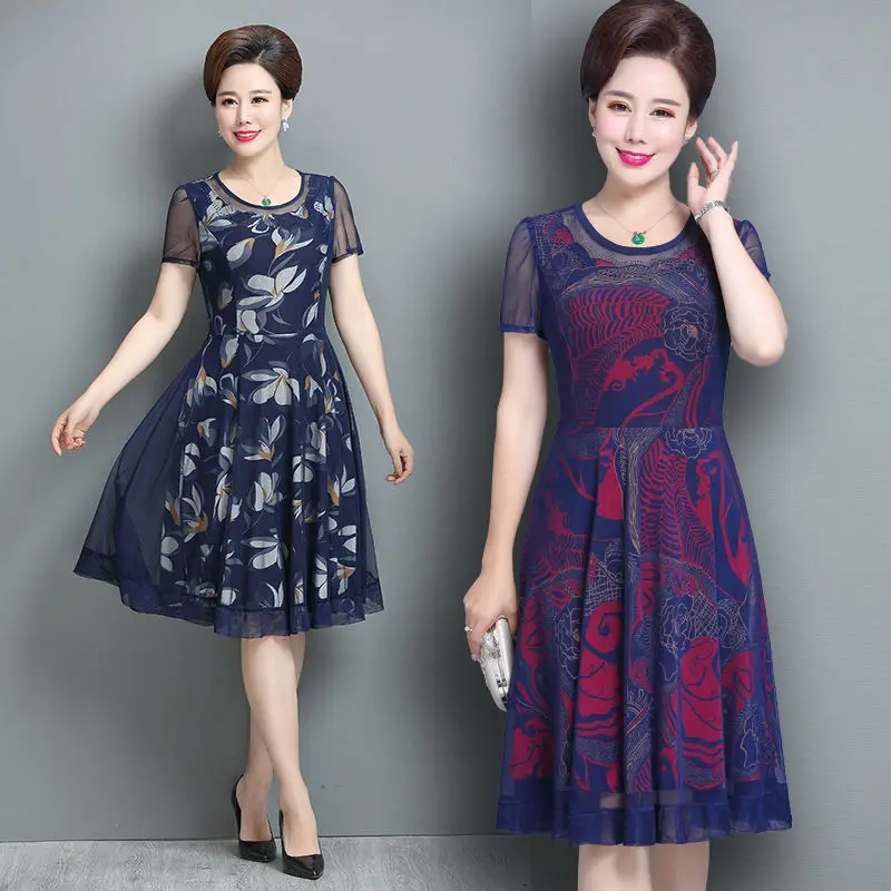 

New Loose Plus Size Spring and Summer Dress Ladies Fashion Short-sleeved Round Neck Mesh Floral Women's Dress