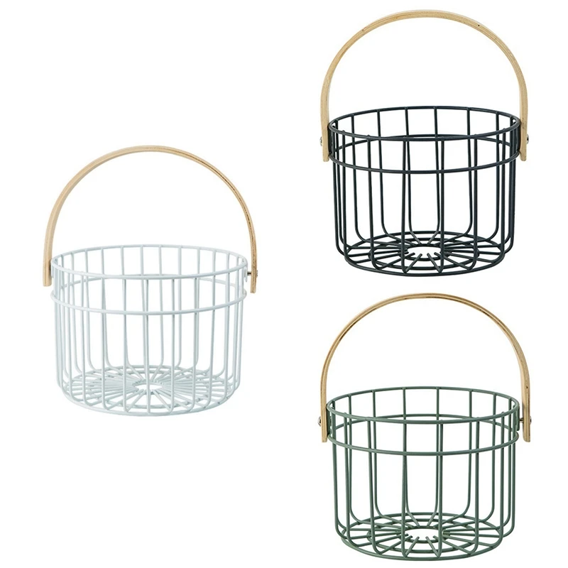 Железная корзина с ручкой из твердой древесины простая дренажная для фруктов и