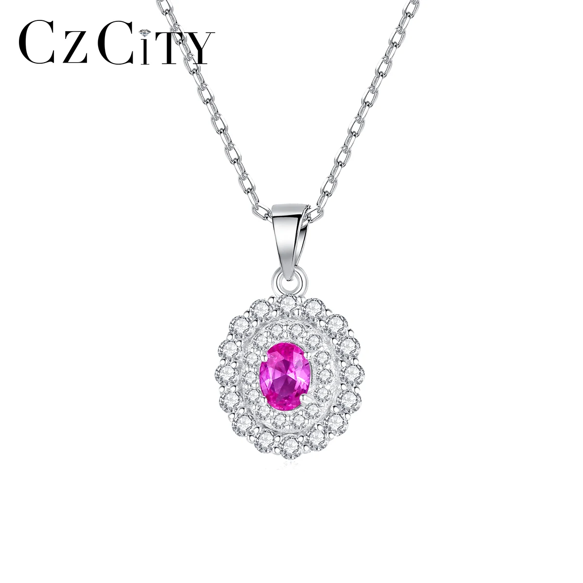 

CZCITY Round Topaz Gemstone Pendant Necklaces for Women Wedding Engagement Fine Jewelry 925 Sterling Silver CZ Kolye Femme Gifts