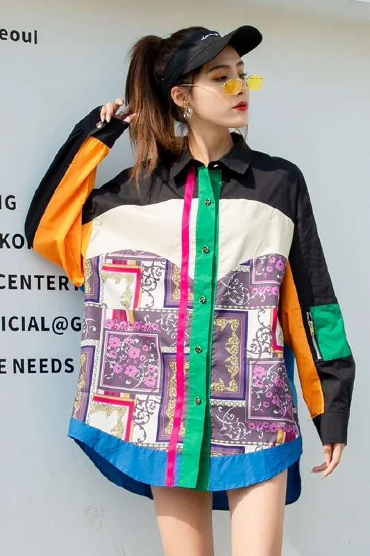 

QING MO Women Vintage Blouse 2021 Women Floral Printed Blouse Female Patchwork Color Blouse Front Short Back Long ZQY6446