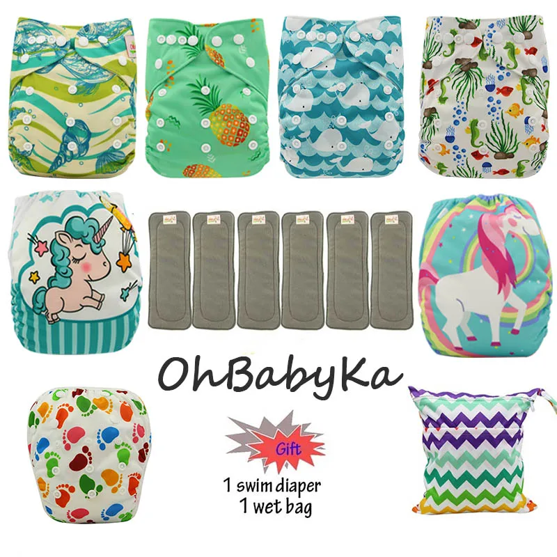 OhBabyKa детская Пеленка из моющейся ткани бамбуковый уголь Многоразовые Все-в-два карман подгузник Регулируемый+ 6 шт бамбуковые вставки детские подгузники - Цвет: 07