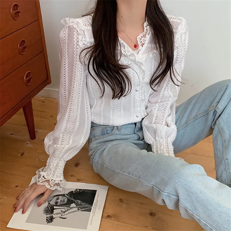 

HziriP 2021 White Sexy Lace OL Sweet V-Neck Slim Streetwear New Shirts Female Stylish Plus Ruffles Tops High Quality Hot Blouses