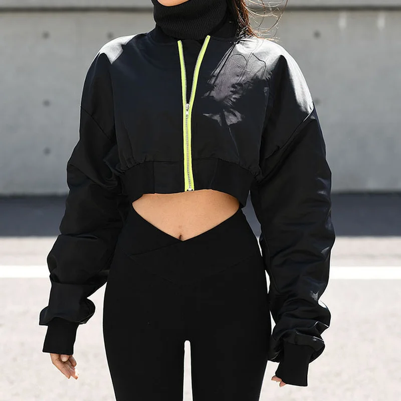 

Harajuku Jacket Women Gothic Black 2021 Long Sleeve Zipper Basic Bomber Coat Streetwear Casual Female Cropped Jackets Outerwear