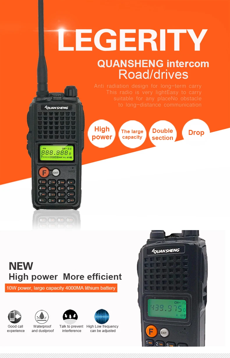 10 Вт QuanSheng TG-K10AT 10 ватт уоки-токи радиостанции comunicador UHF 400-470 МГц двухстороннее радио Amador 4000 мАч HF приемопередатчик