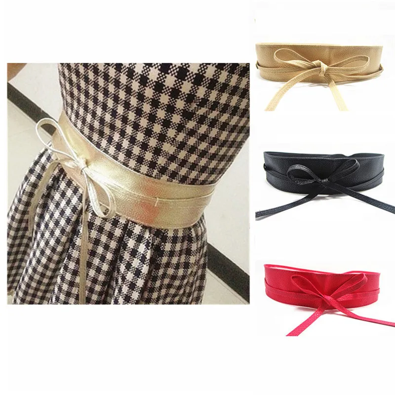 

1Pc Fashion Spring Autumn Women Lady Metallic Color Soft Faux Leather Wide Belt Self Tie Wrap Waist Mujer Dress