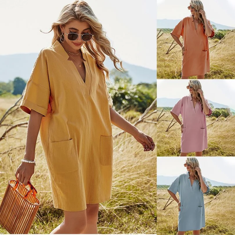 

Pure Color V-neck Akimbo A-line Skirt Candy Color Bag Casual Loose Short-sleeved Turmeric Splicing with Pockets Dress