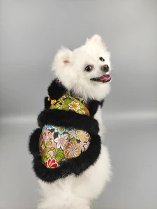 Бесплатная доставка, одежда для собак ручной работы, пальто, ошейник из черного меха, теплые властные цветы, цветение, зимняя одежда для кошек, домашних животных, йорков